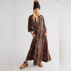 NWT Free People Sadie Plaid Maxi Dress Button Down XS